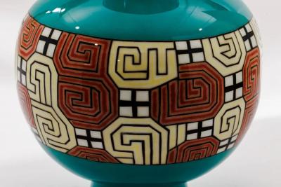 Mid Century Japanese Cloisonn Enamel Vase Attributed to Sato with Geometric