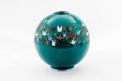 Mid Century Japanese Cloisonn Enamel Vase by Sato with Origami Crane Motif