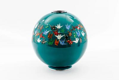 Mid Century Japanese Cloisonn Enamel Vase by Sato with Origami Crane Motif
