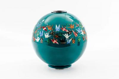 Mid Century Japanese Cloisonn Enamel Vase by Sato with Origami Crane Motif