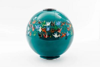 Mid Century Japanese Cloisonn Enamel Vase by Sato with Origami Crane Motif