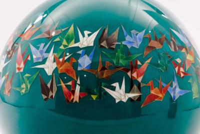 Mid Century Japanese Cloisonn Enamel Vase by Sato with Origami Crane Motif