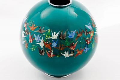 Mid Century Japanese Cloisonn Enamel Vase by Sato with Origami Crane Motif