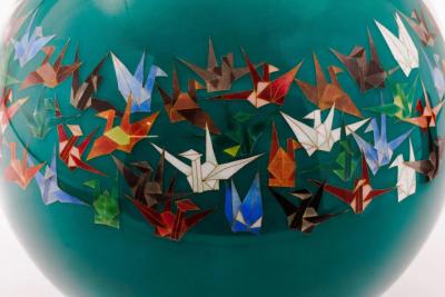 Mid Century Japanese Cloisonn Enamel Vase by Sato with Origami Crane Motif