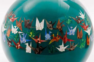 Mid Century Japanese Cloisonn Enamel Vase by Sato with Origami Crane Motif