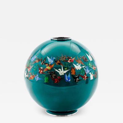 Mid Century Japanese Cloisonn Enamel Vase by Sato with Origami Crane Motif