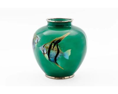 Mid Century Japanese Cloisonn Enamel Vase with Tropical Fish Attributed to Sato