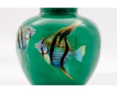 Mid Century Japanese Cloisonn Enamel Vase with Tropical Fish Attributed to Sato