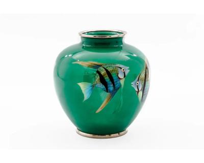 Mid Century Japanese Cloisonn Enamel Vase with Tropical Fish Attributed to Sato