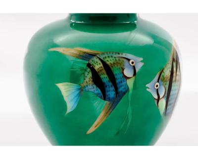 Mid Century Japanese Cloisonn Enamel Vase with Tropical Fish Attributed to Sato