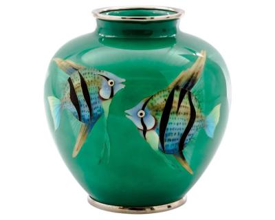 Mid Century Japanese Cloisonn Enamel Vase with Tropical Fish Attributed to Sato