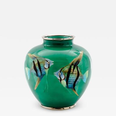 Mid Century Japanese Cloisonn Enamel Vase with Tropical Fish Attributed to Sato