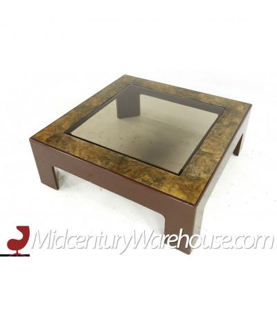 Mid Century Laminate Burlwood and Glass Coffee Table