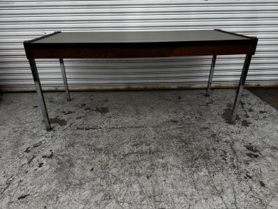 Mid Century Laminate Top Walnut and Chrome Harvey Probber Style 3 Drawer Desk