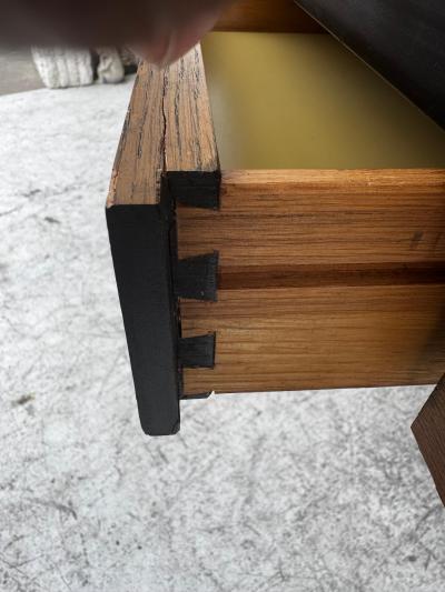 Mid Century Laminate Top Walnut and Chrome Harvey Probber Style 3 Drawer Desk