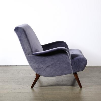 Mid Century Lounge Chair Ottoman in Aubergine Velvet Tapered Walnut Supports