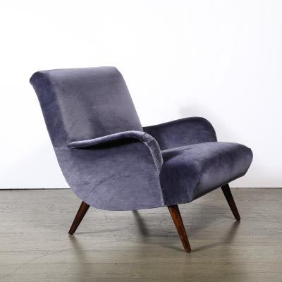 Mid Century Lounge Chair Ottoman in Aubergine Velvet Tapered Walnut Supports