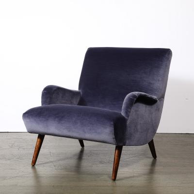 Mid Century Lounge Chair Ottoman in Aubergine Velvet Tapered Walnut Supports