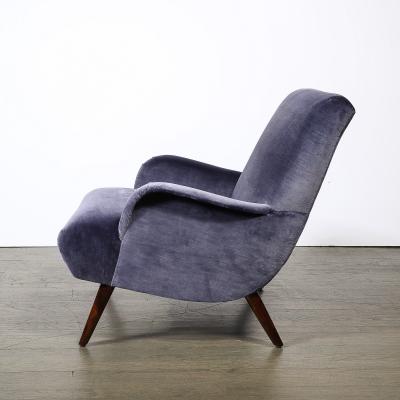 Mid Century Lounge Chair Ottoman in Aubergine Velvet Tapered Walnut Supports