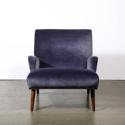 Mid Century Lounge Chair Ottoman in Aubergine Velvet Tapered Walnut Supports