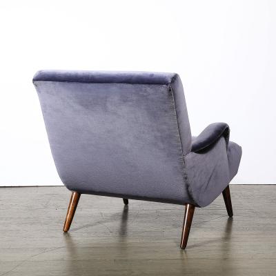 Mid Century Lounge Chair Ottoman in Aubergine Velvet Tapered Walnut Supports