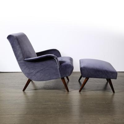Mid Century Lounge Chair Ottoman in Aubergine Velvet Tapered Walnut Supports