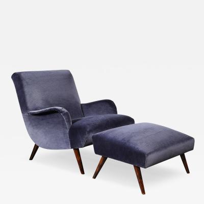 Mid Century Lounge Chair Ottoman in Aubergine Velvet Tapered Walnut Supports