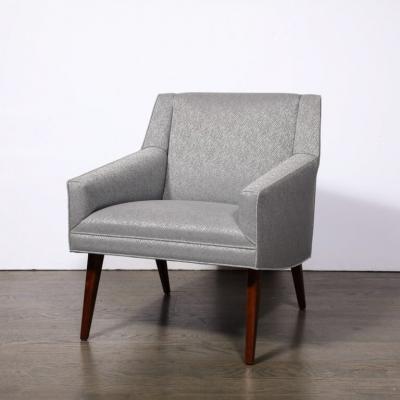 Mid Century Lounge Chairs in Holly Hunt Fabric Tapered Hand Rubbed Walnut Legs