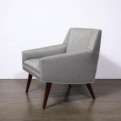 Mid Century Lounge Chairs in Holly Hunt Fabric Tapered Hand Rubbed Walnut Legs