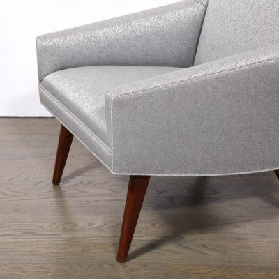 Mid Century Lounge Chairs in Holly Hunt Fabric Tapered Hand Rubbed Walnut Legs