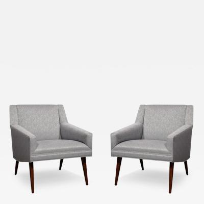 Mid Century Lounge Chairs in Holly Hunt Fabric Tapered Hand Rubbed Walnut Legs