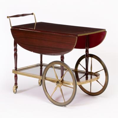 Mid Century Mahogany Wood Brass German Serving Bar Cart Tea Trolley 1960s