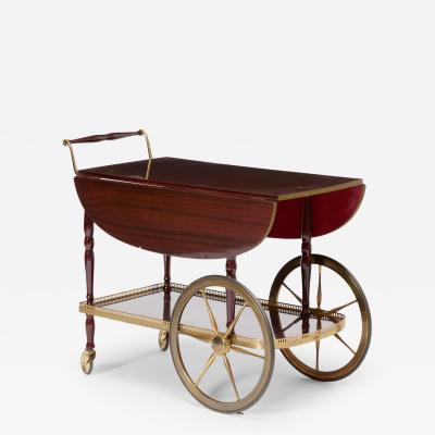 Mid Century Mahogany Wood Brass German Serving Bar Cart Tea Trolley 1960s