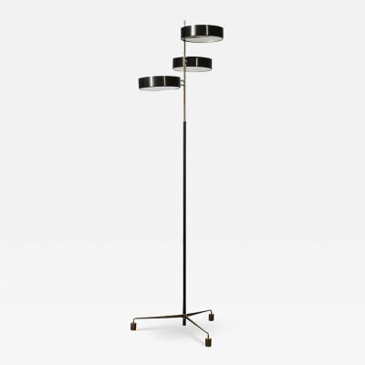 Mid Century Minimal Polished Brass Glass Black Enamel Three Disc Floor Lamp