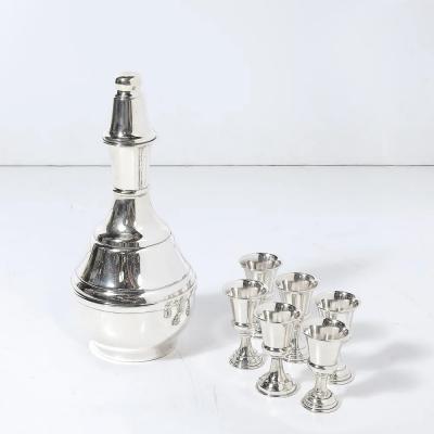 Mid Century Minimalist Sculptural Sterling Kiddush Decanter and Six Cup Set