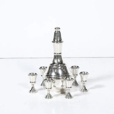 Mid Century Minimalist Sculptural Sterling Kiddush Decanter and Six Cup Set