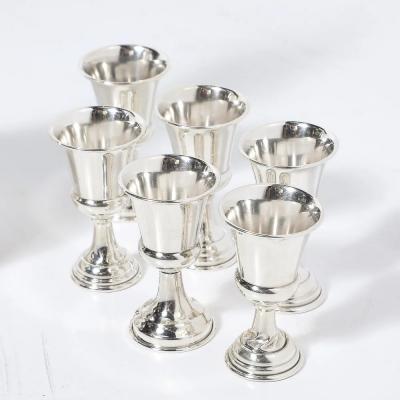 Mid Century Minimalist Sculptural Sterling Kiddush Decanter and Six Cup Set