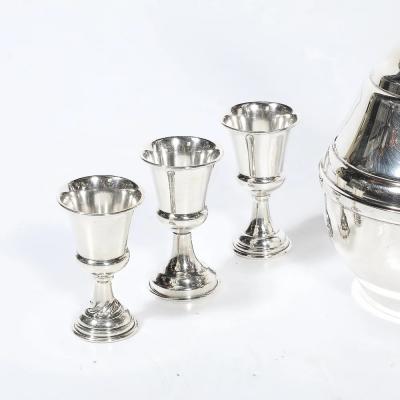 Mid Century Minimalist Sculptural Sterling Kiddush Decanter and Six Cup Set