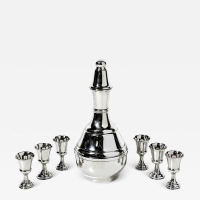 Mid Century Minimalist Sculptural Sterling Kiddush Decanter and Six Cup Set