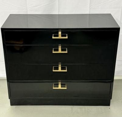 Mid Century Modern American Designer Black Lacquer Cabinets Nightstands Brass