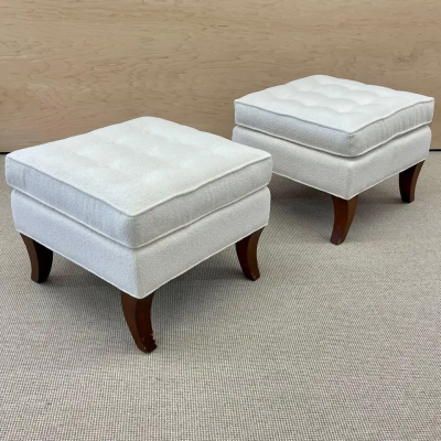 Mid Century Modern American Designer Tufted Ottomans Stools Walnut Boucl 