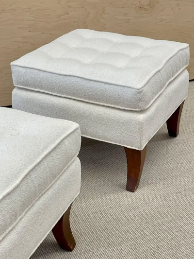 Mid Century Modern American Designer Tufted Ottomans Stools Walnut Boucl 