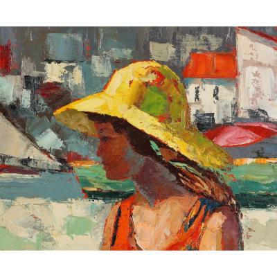 Mid Century Modern Beach Scene Oil Painting by M Morgan