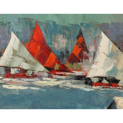 Mid Century Modern Beach Scene Oil Painting by M Morgan