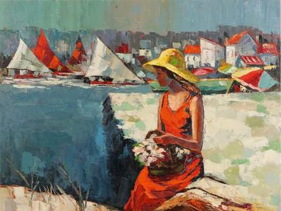 Mid Century Modern Beach Scene Oil Painting by M Morgan