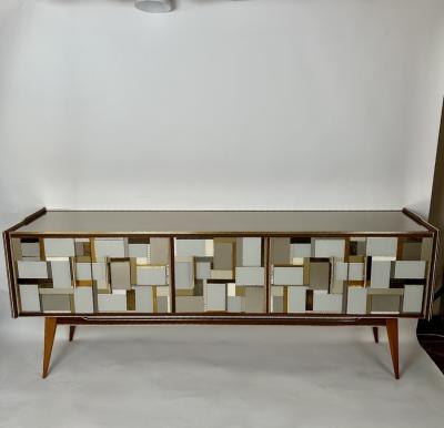 Mid Century Modern Beech Wood Brass Copper Mirrors Murano Art Glass Credenza
