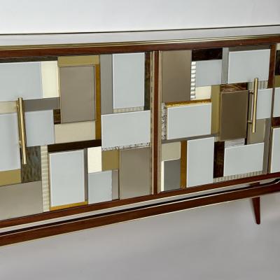 Mid Century Modern Beech Wood Brass Copper Mirrors Murano Art Glass Credenza