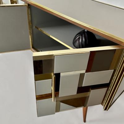 Mid Century Modern Beech Wood Brass Copper Mirrors Murano Art Glass Credenza