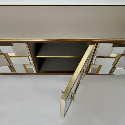 Mid Century Modern Beech Wood Brass Copper Mirrors Murano Art Glass Credenza