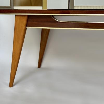 Mid Century Modern Beech Wood Brass Copper Mirrors Murano Art Glass Credenza